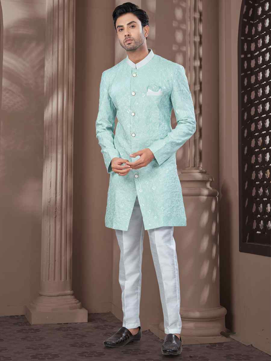 Mint Green Silk Dupion Embroidered Festival Wedding Sherwani