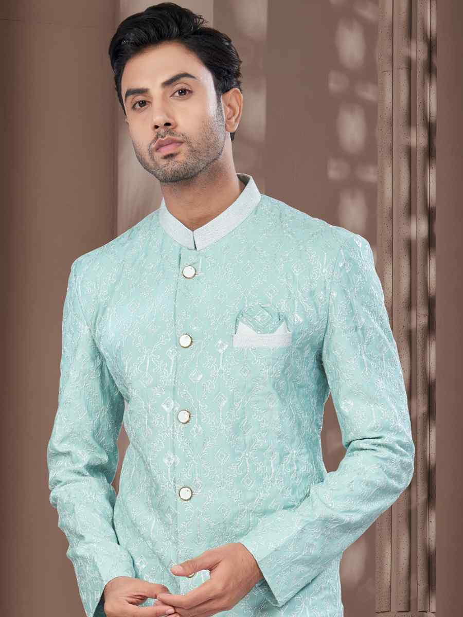 Mint Green Silk Dupion Embroidered Festival Wedding Sherwani