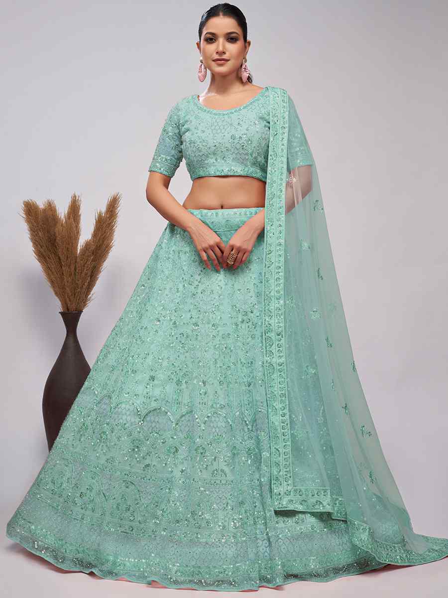 Mint Green Soft Net Embroidery Bridesmaid Wedding Heavy Border Lehenga Choli