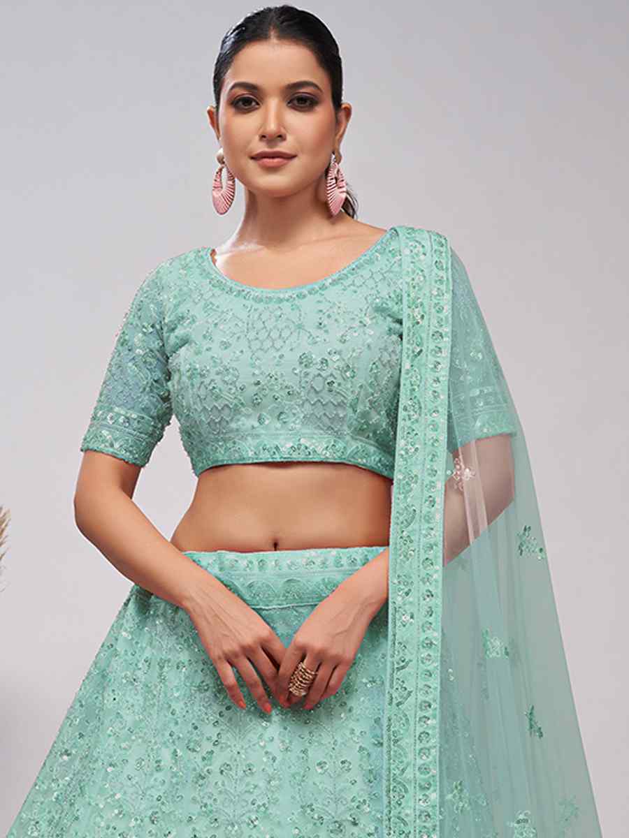 Mint Green Soft Net Embroidery Bridesmaid Wedding Heavy Border Lehenga Choli