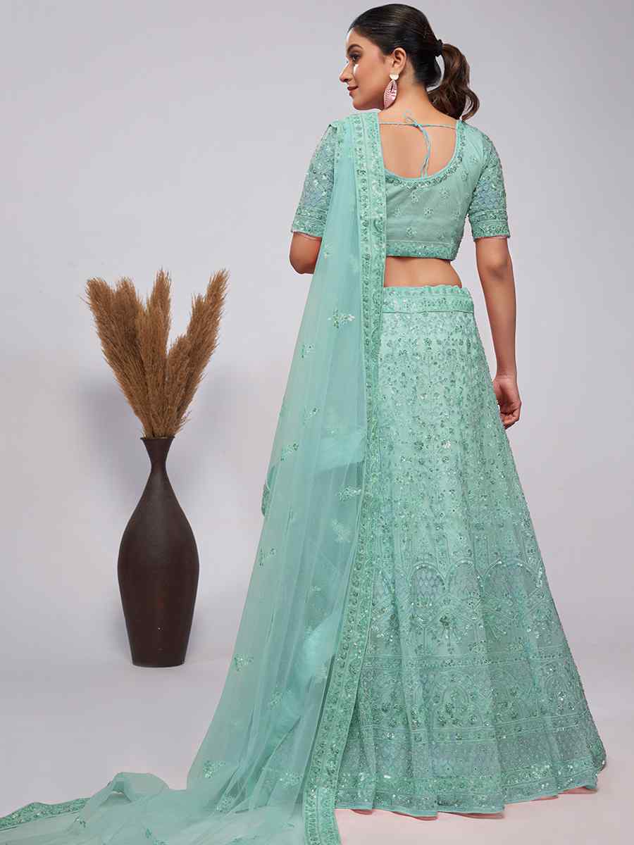 Mint Green Soft Net Embroidery Bridesmaid Wedding Heavy Border Lehenga Choli