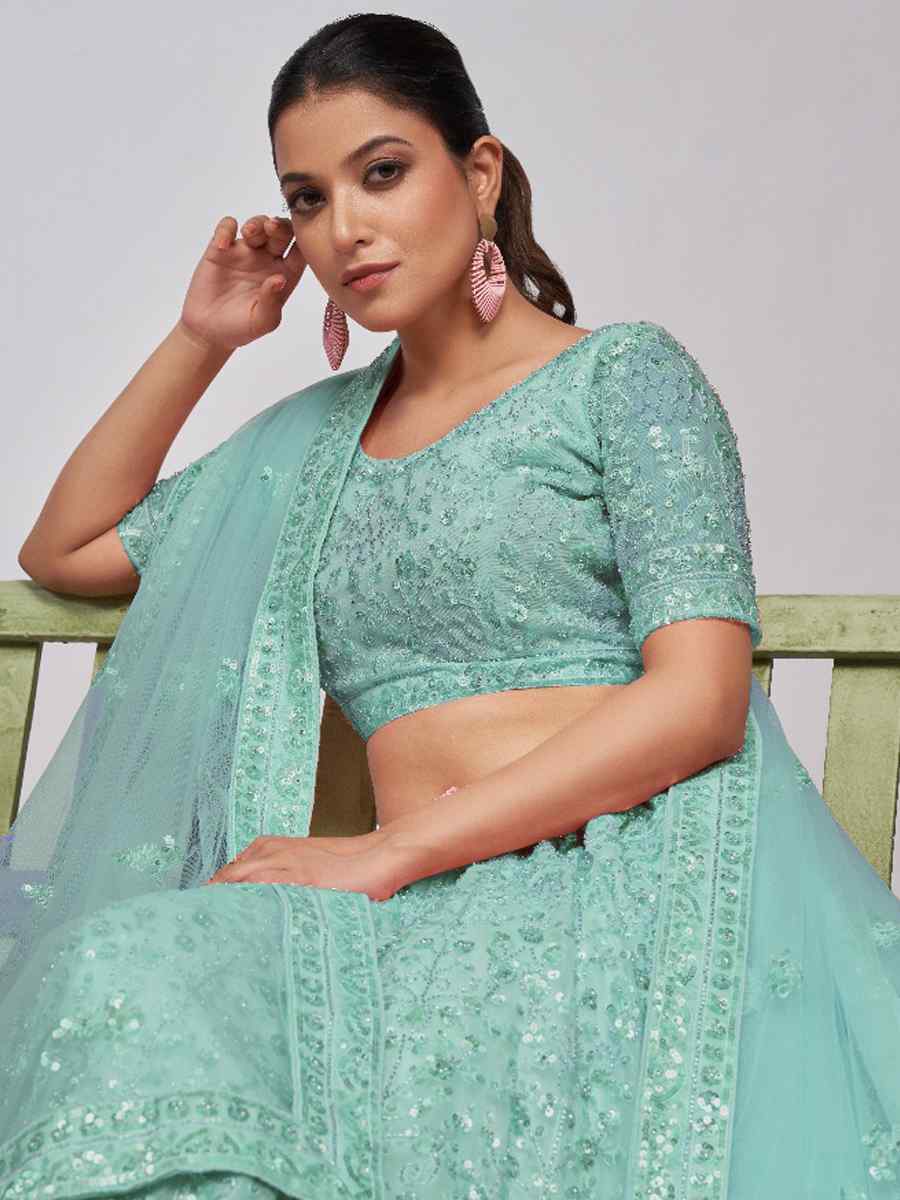 Mint Green Soft Net Embroidery Bridesmaid Wedding Heavy Border Lehenga Choli