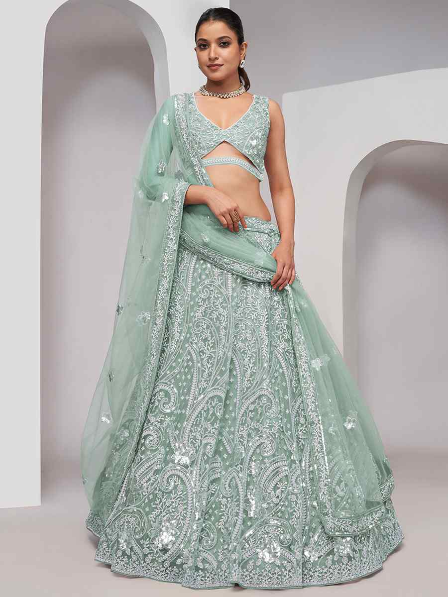 Mint Green Soft Net Embroidery Bridesmaid Wedding Heavy Border Lehenga Choli