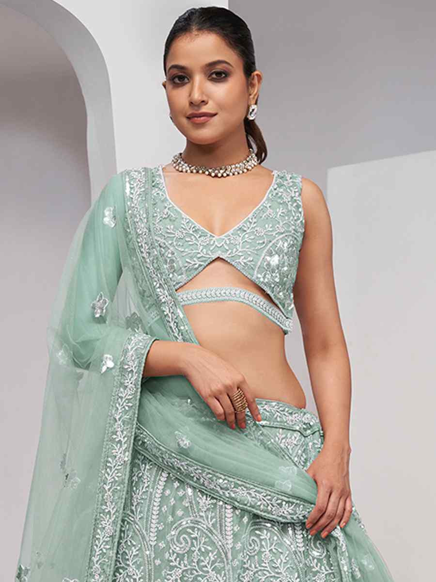 Mint Green Soft Net Embroidery Bridesmaid Wedding Heavy Border Lehenga Choli