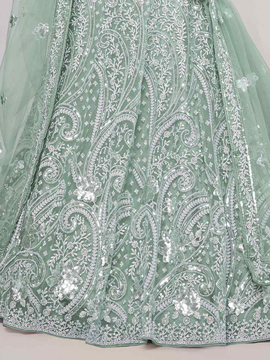 Mint Green Soft Net Embroidery Bridesmaid Wedding Heavy Border Lehenga Choli