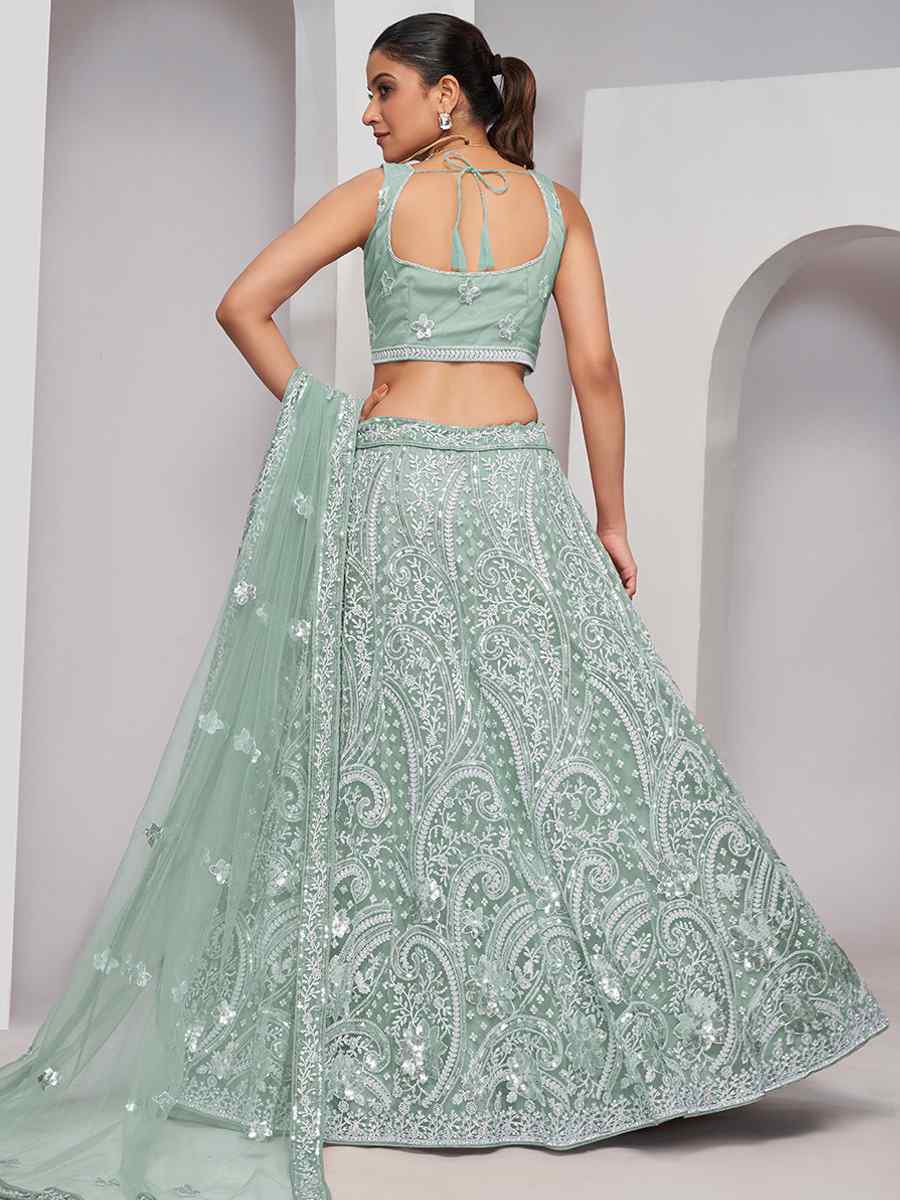 Mint Green Soft Net Embroidery Bridesmaid Wedding Heavy Border Lehenga Choli