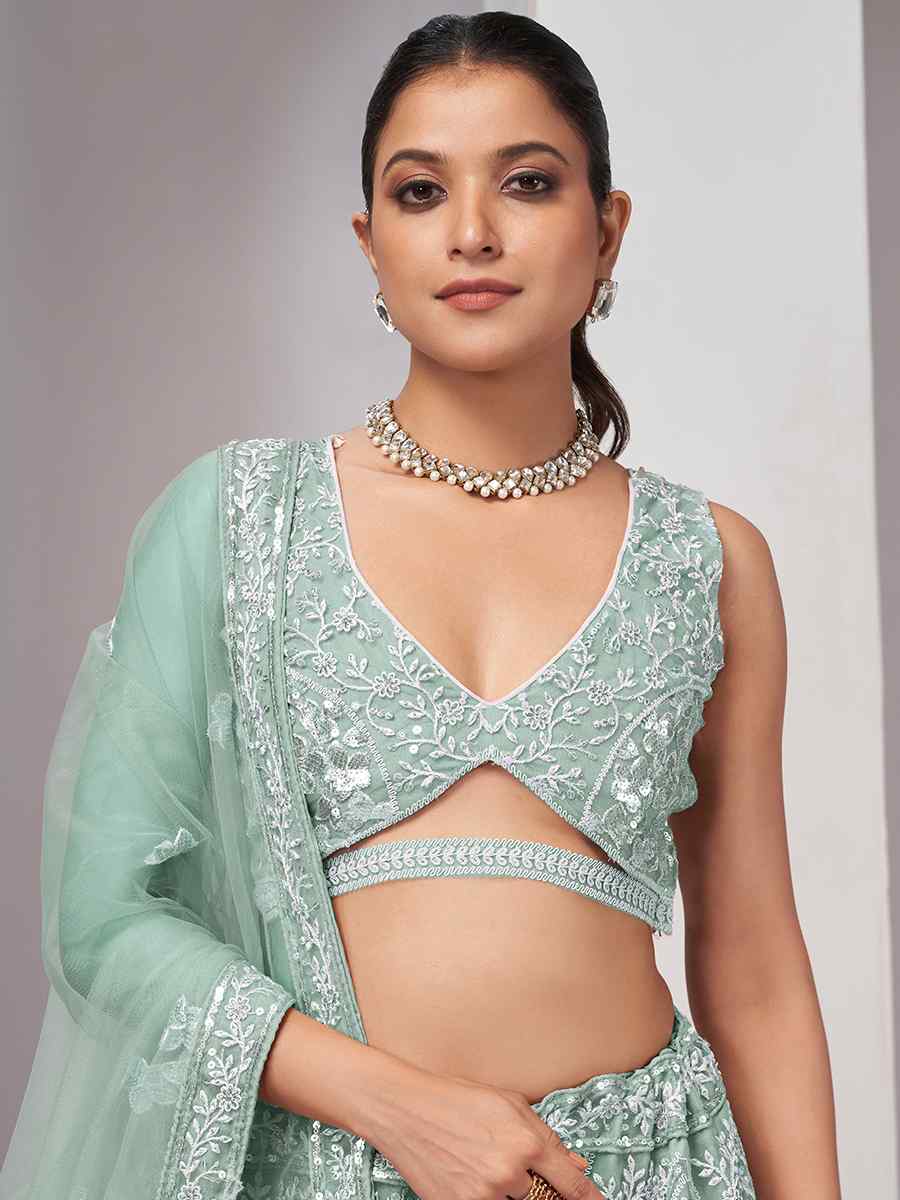 Mint Green Soft Net Embroidery Bridesmaid Wedding Heavy Border Lehenga Choli