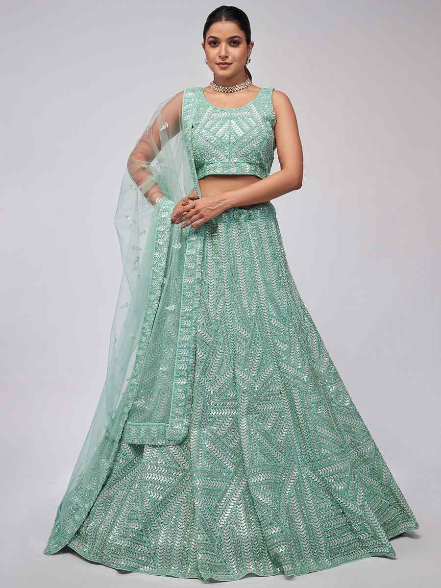 Mint Green Soft Net Embroidery Bridesmaid Wedding Heavy Border Lehenga Choli