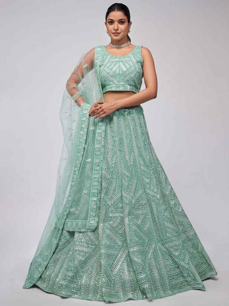 Mint Green Soft Net Embroidery Bridesmaid Wedding Heavy Border Lehenga Choli