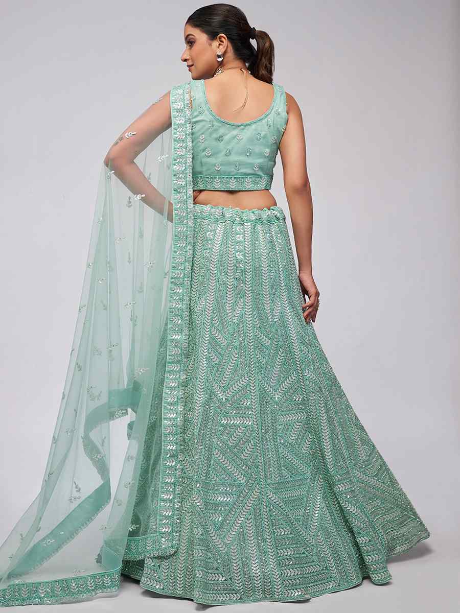 Mint Green Soft Net Embroidery Bridesmaid Wedding Heavy Border Lehenga Choli