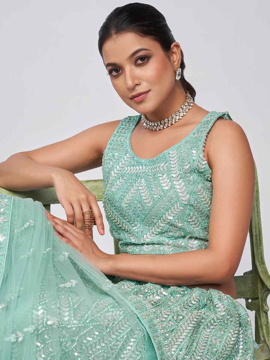 Mint Green Soft Net Embroidery Bridesmaid Wedding Heavy Border Lehenga Choli