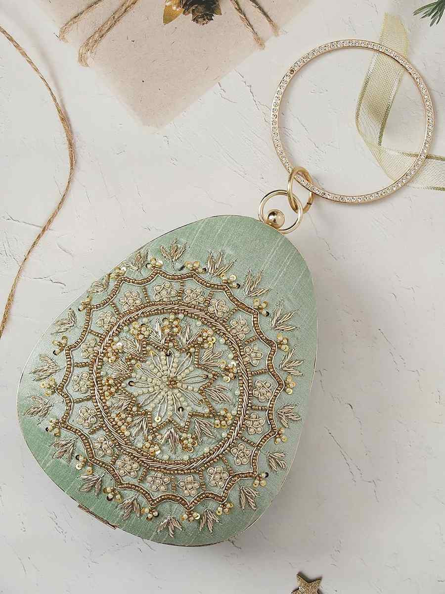 Mint Green Velvet Party Wear Embroidered Clutches