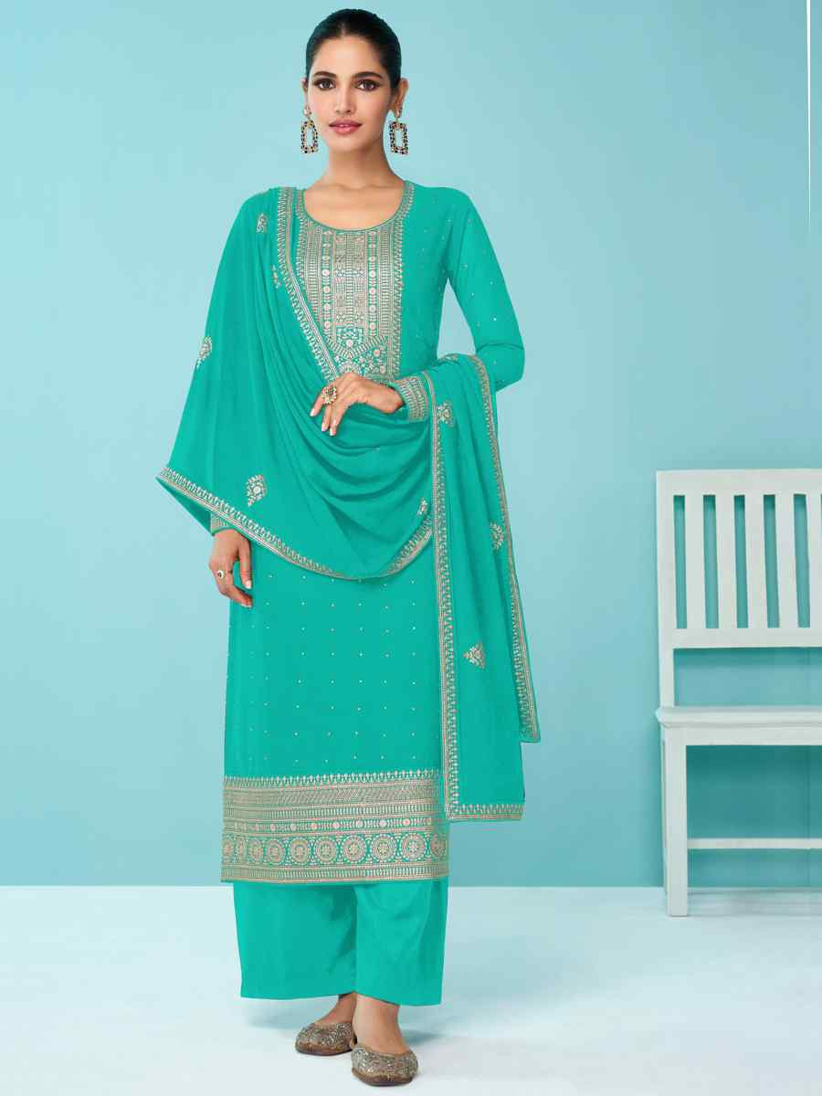 Mint Heavy Faux Georgette Embroidered Festival Wedding Palazzo Pant Salwar Kameez