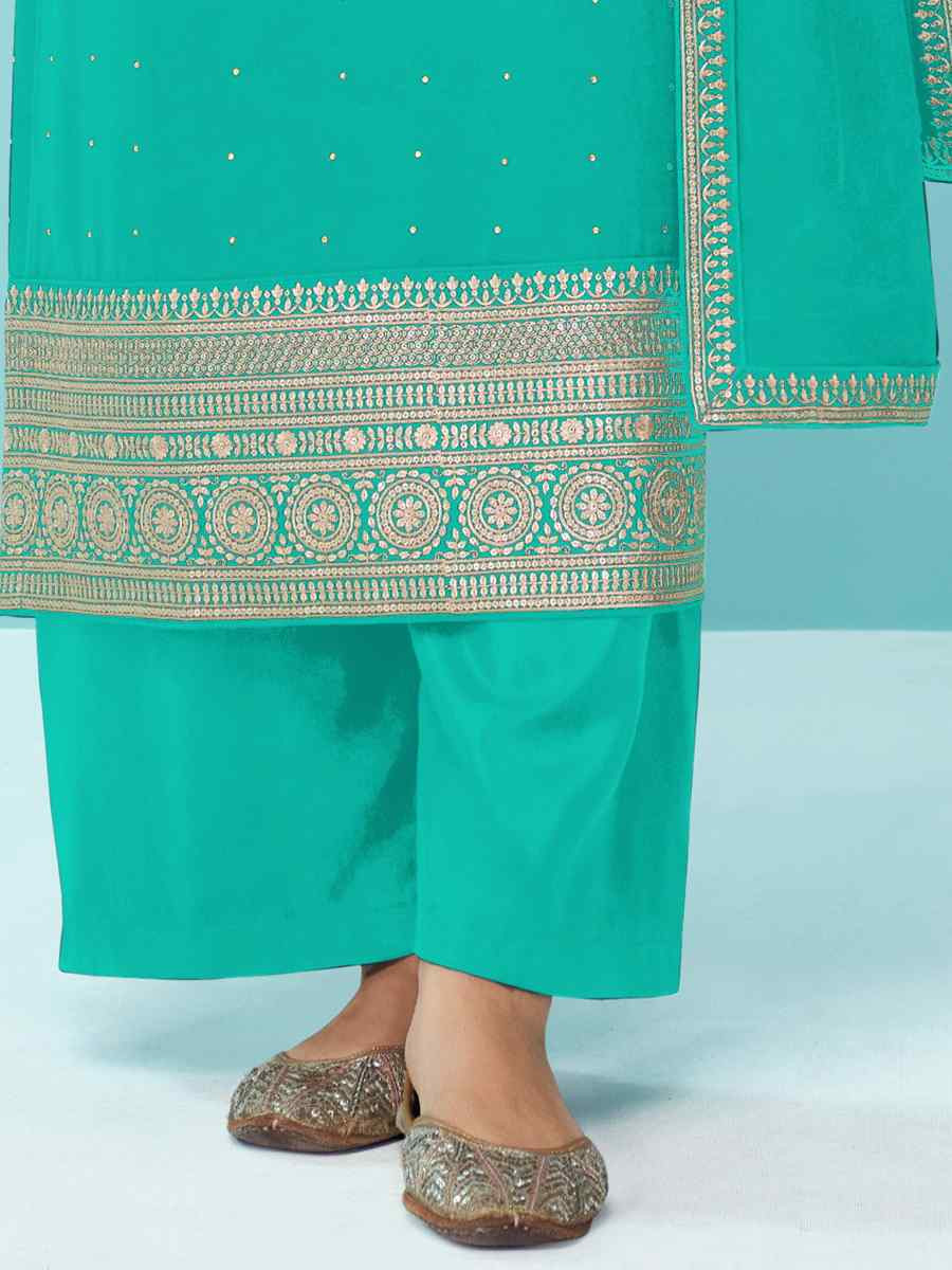 Mint Heavy Faux Georgette Embroidered Festival Wedding Palazzo Pant Salwar Kameez