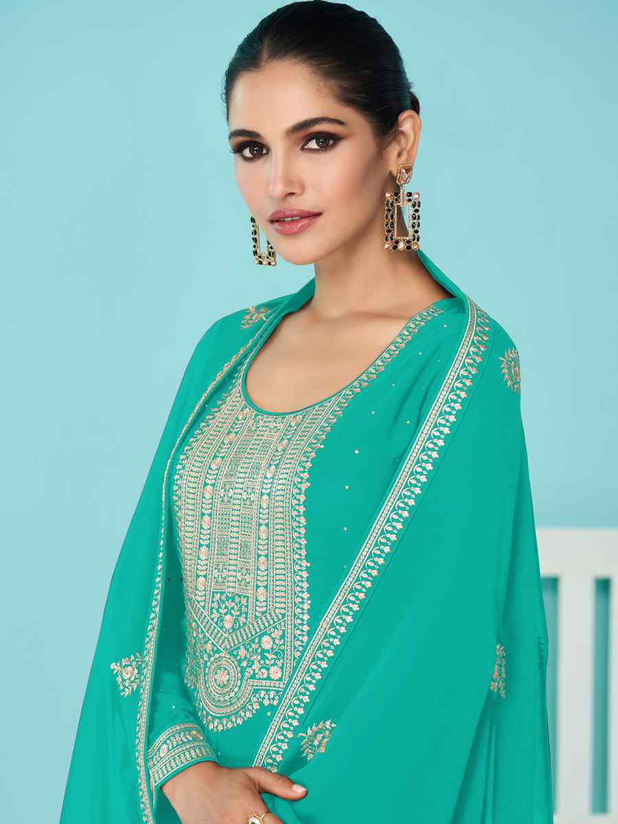 Mint Heavy Faux Georgette Embroidered Festival Wedding Palazzo Pant Salwar Kameez