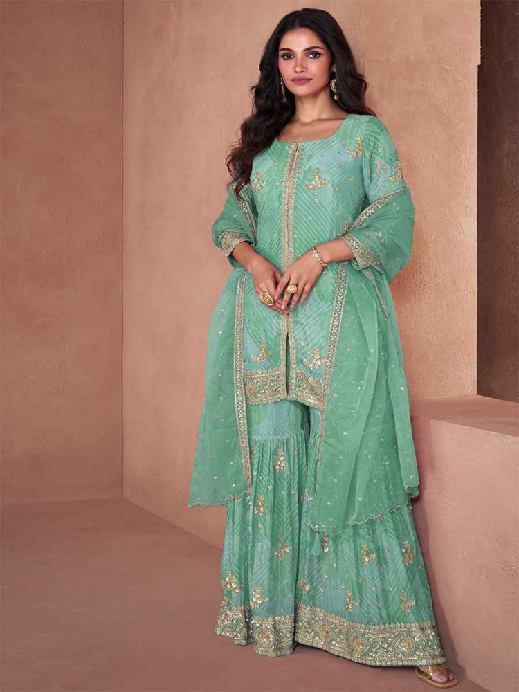 Mint Heavy Faux Georgette Embroidered Festival Wedding Ready Sharara Pant Salwar Kameez