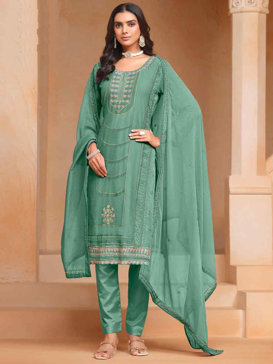 Mint Organza Chiffon Embroidered Festival Wedding Pant Salwar Kameez