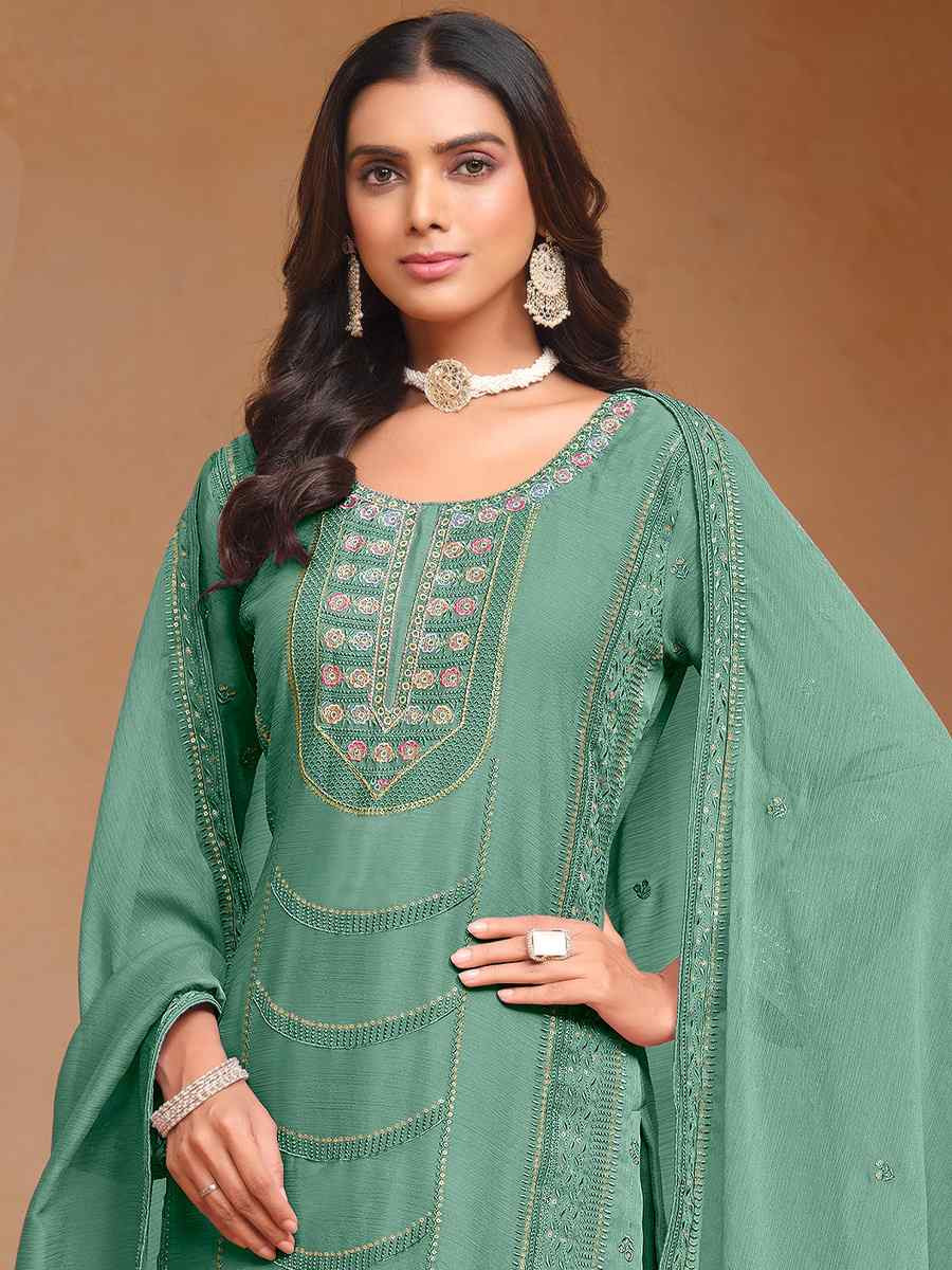 Mint Organza Chiffon Embroidered Festival Wedding Pant Salwar Kameez