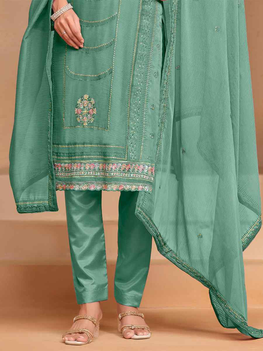 Mint Organza Chiffon Embroidered Festival Wedding Pant Salwar Kameez