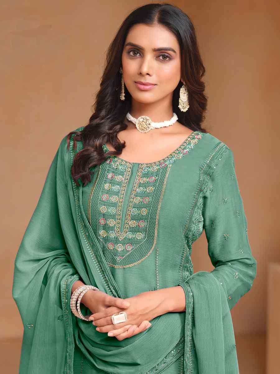 Mint Organza Chiffon Embroidered Festival Wedding Pant Salwar Kameez