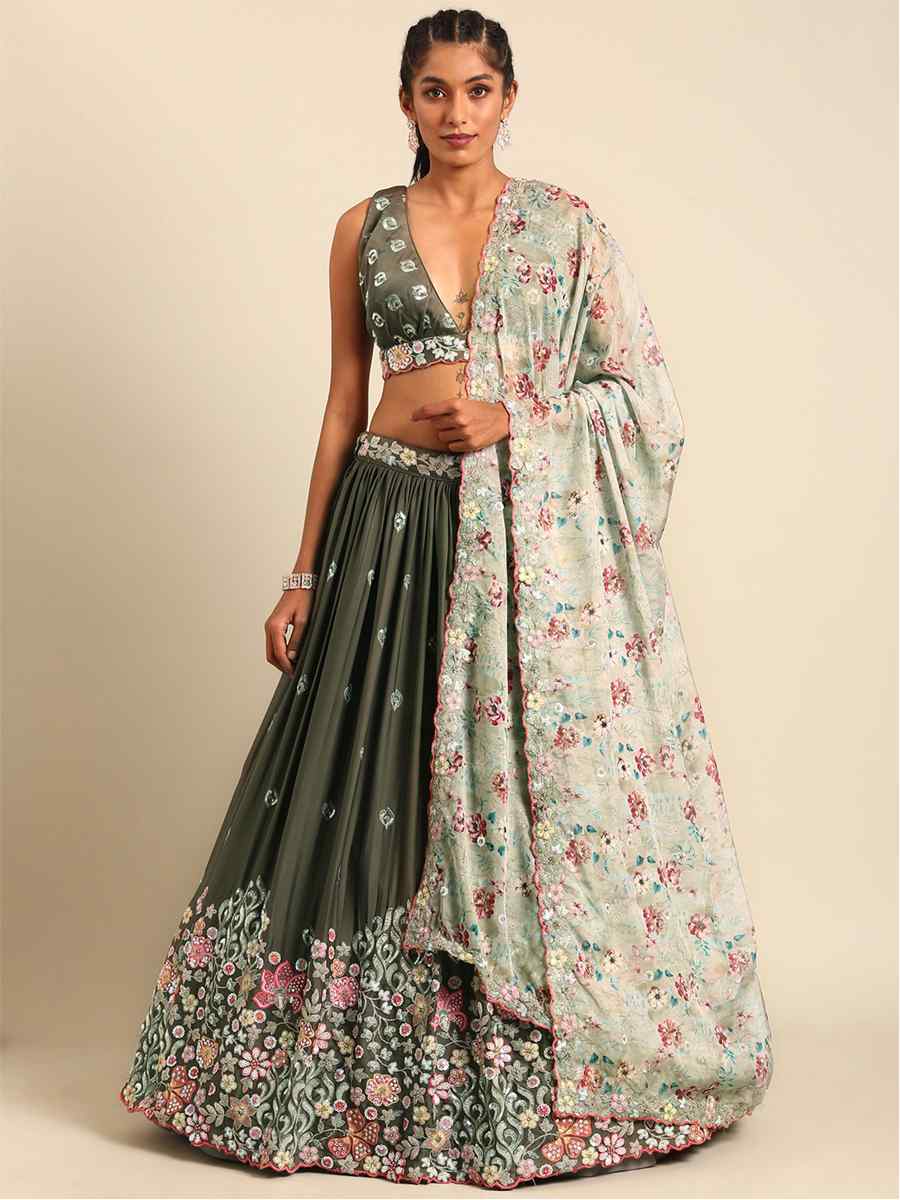 Mint Poly Georgette Embroidered Bridesmaid Wedding Heavy Border Lehenga Choli