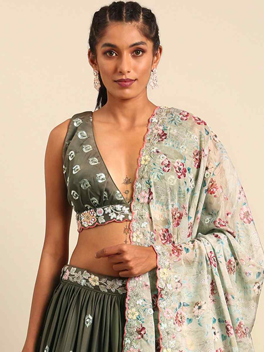 Mint Poly Georgette Embroidered Bridesmaid Wedding Heavy Border Lehenga Choli