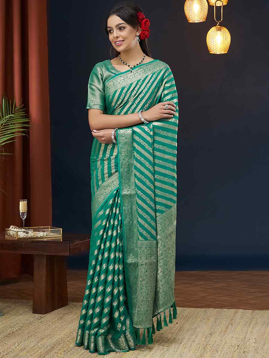 Mint Pure Georgette Handwoven Festival Wedding Heavy Border Saree