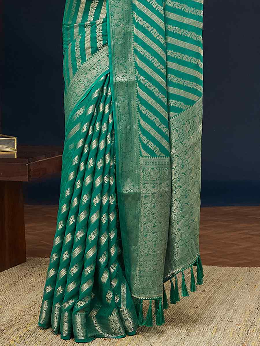 Mint Pure Georgette Handwoven Festival Wedding Heavy Border Saree