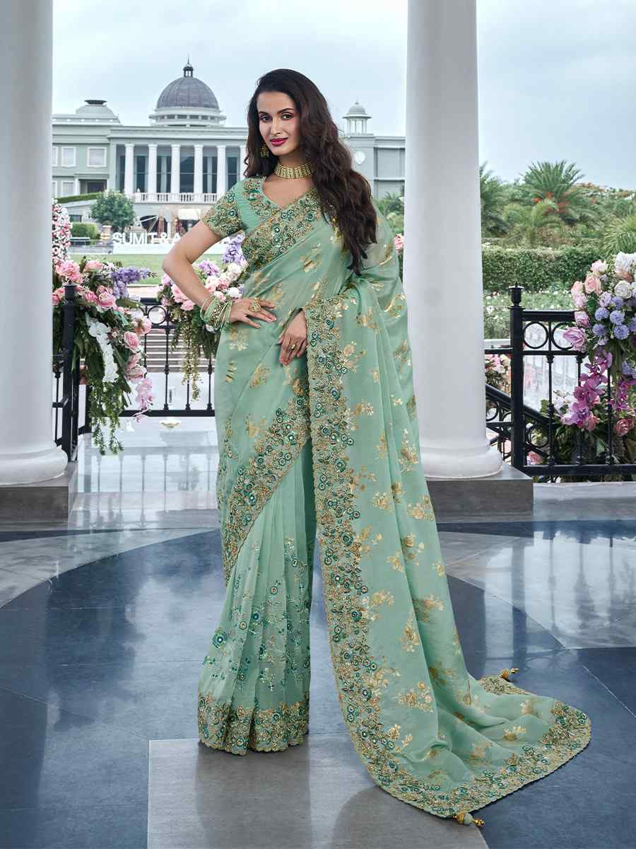 Mint Pure Tissue Silk Embroidered Reception Wedding Heavy Border Saree