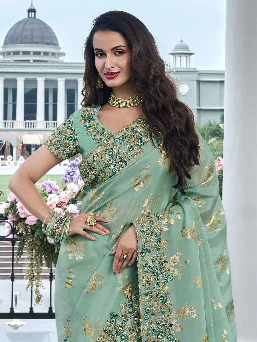 Mint Pure Tissue Silk Embroidered Reception Wedding Heavy Border Saree