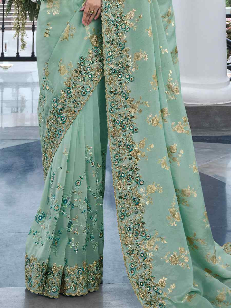 Mint Pure Tissue Silk Embroidered Reception Wedding Heavy Border Saree