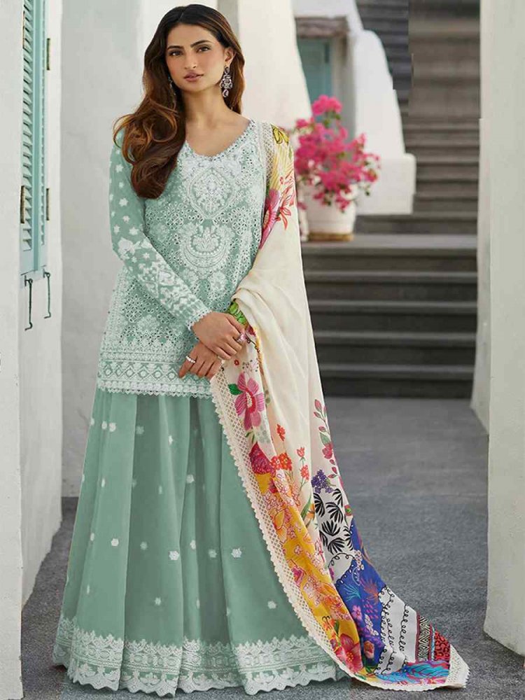 Mint Rayon Cotton Embroidered Festival Casual Sharara Pant Salwar Kameez