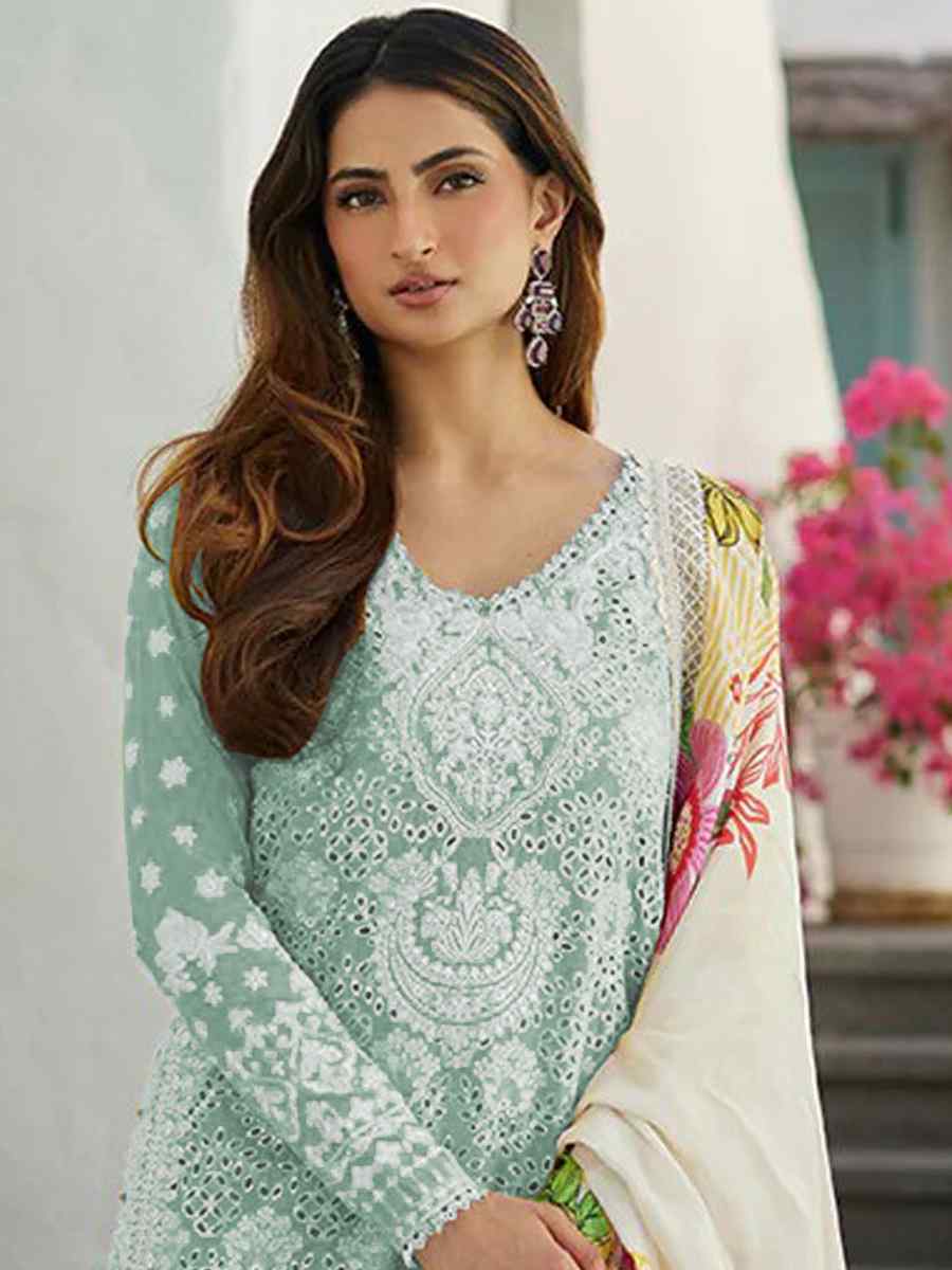 Mint Rayon Cotton Embroidered Festival Casual Sharara Pant Salwar Kameez