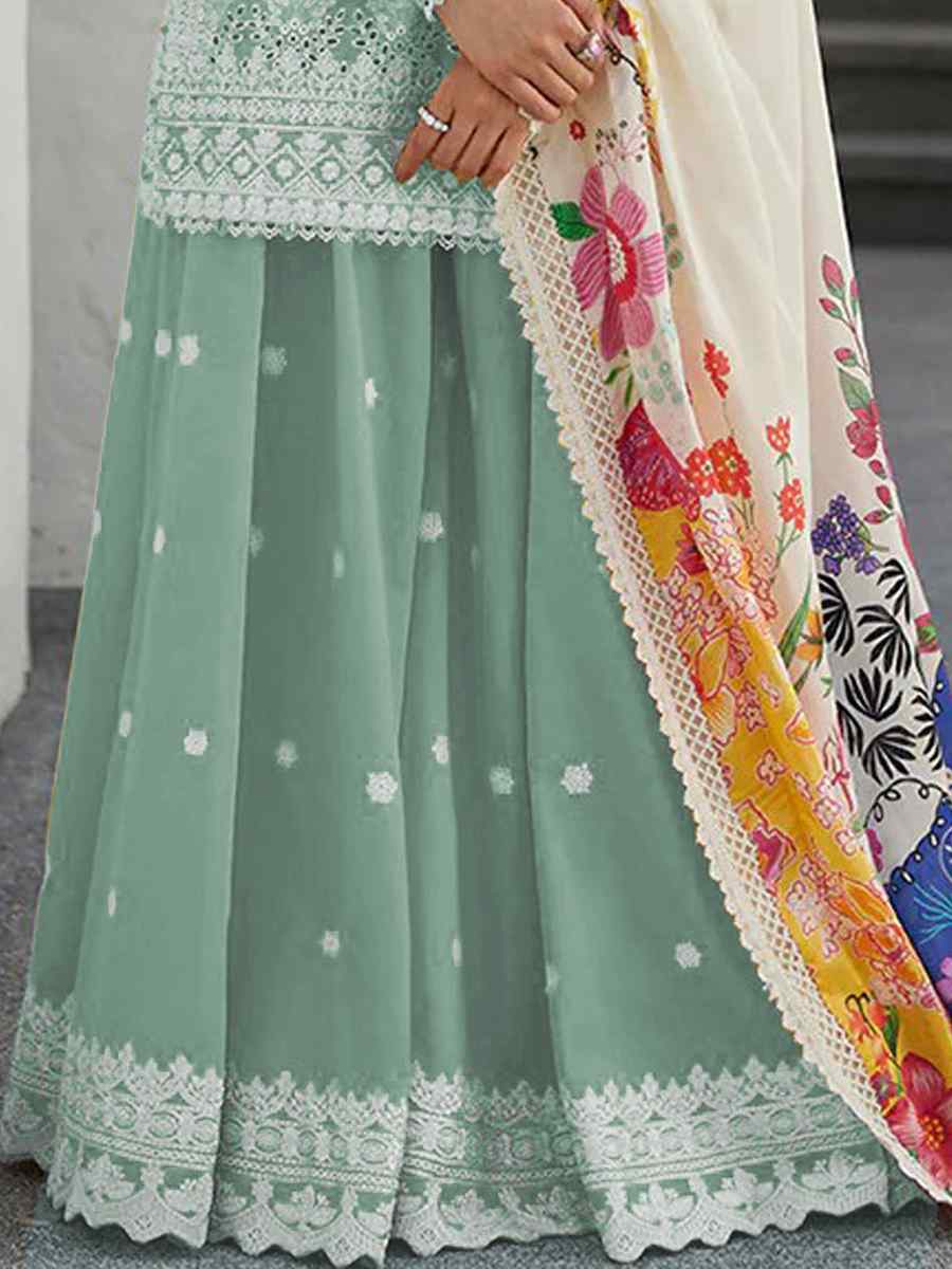 Mint Rayon Cotton Embroidered Festival Casual Sharara Pant Salwar Kameez