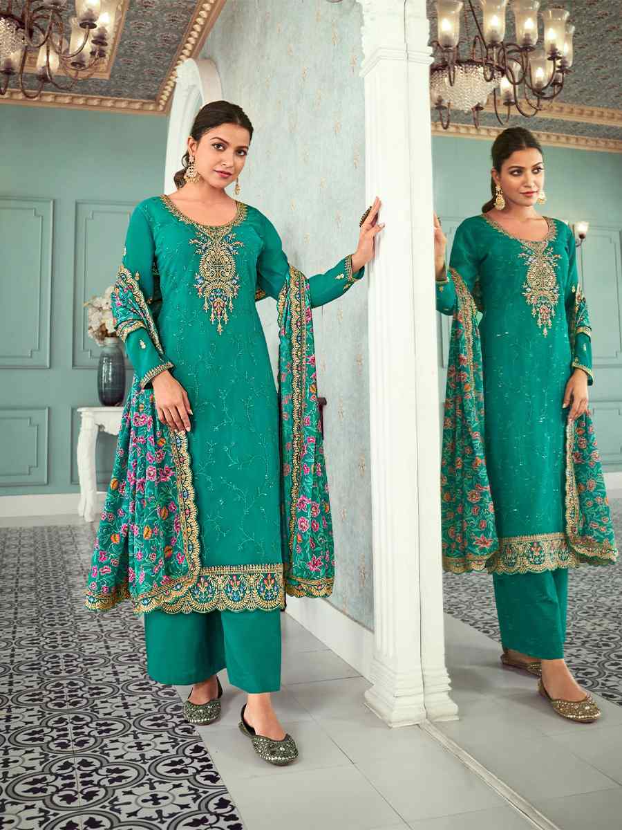 Mint Real Georgette Embroidered Festival Wedding Pant Salwar Kameez