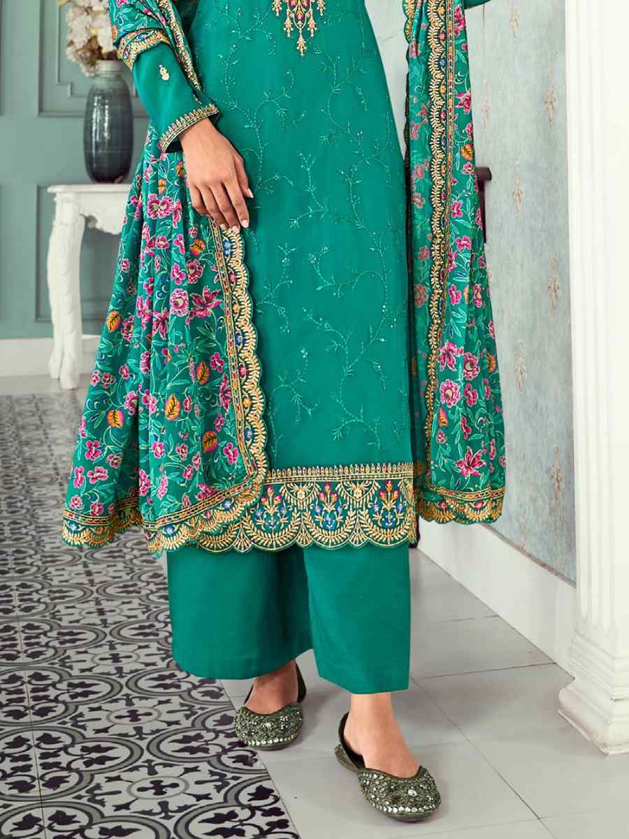 Mint Real Georgette Embroidered Festival Wedding Pant Salwar Kameez