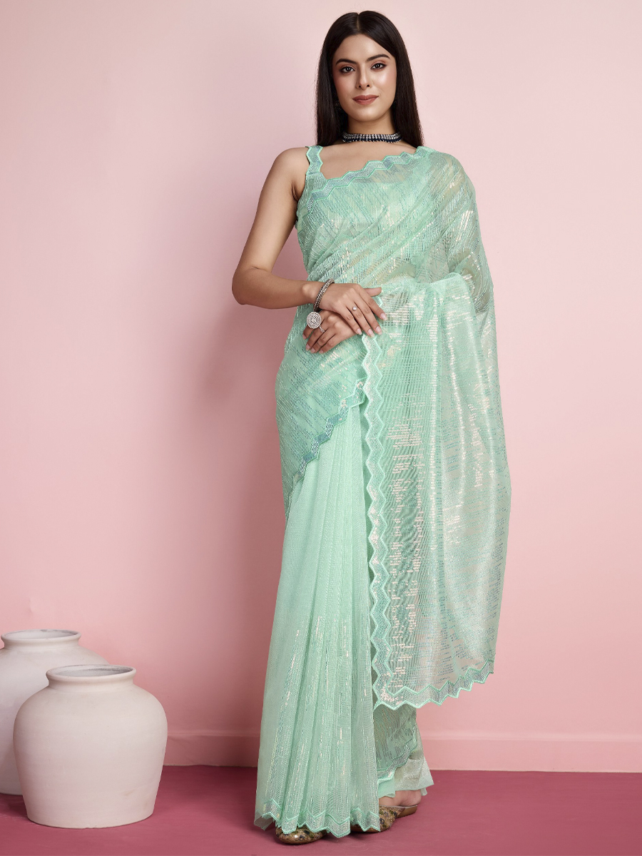 Mint Twill Net Sequins Cocktail Party Classic Style Saree