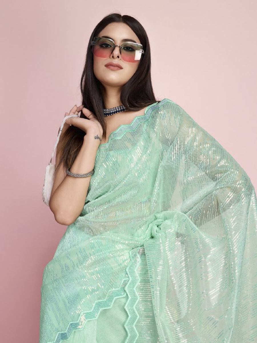 Mint Twill Net Sequins Cocktail Party Classic Style Saree