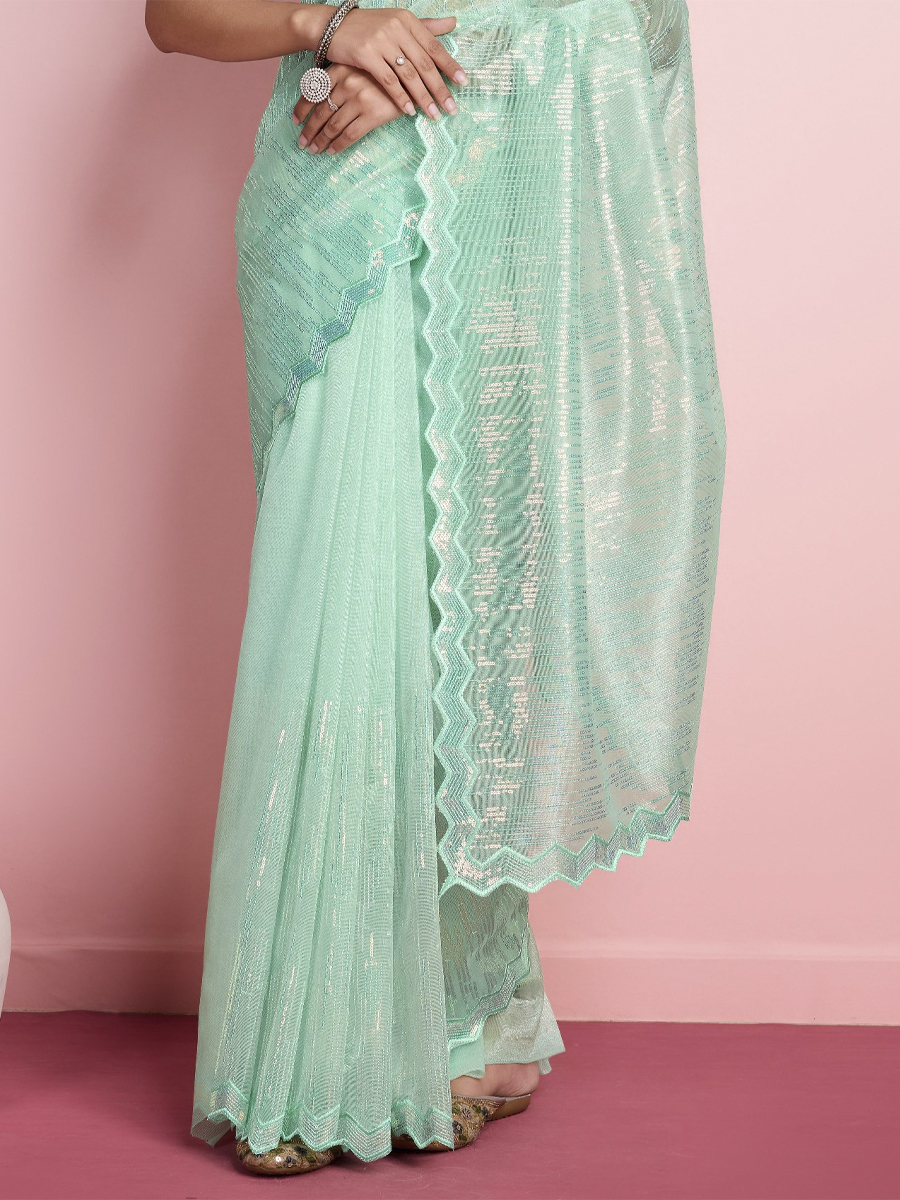 Mint Twill Net Sequins Cocktail Party Classic Style Saree