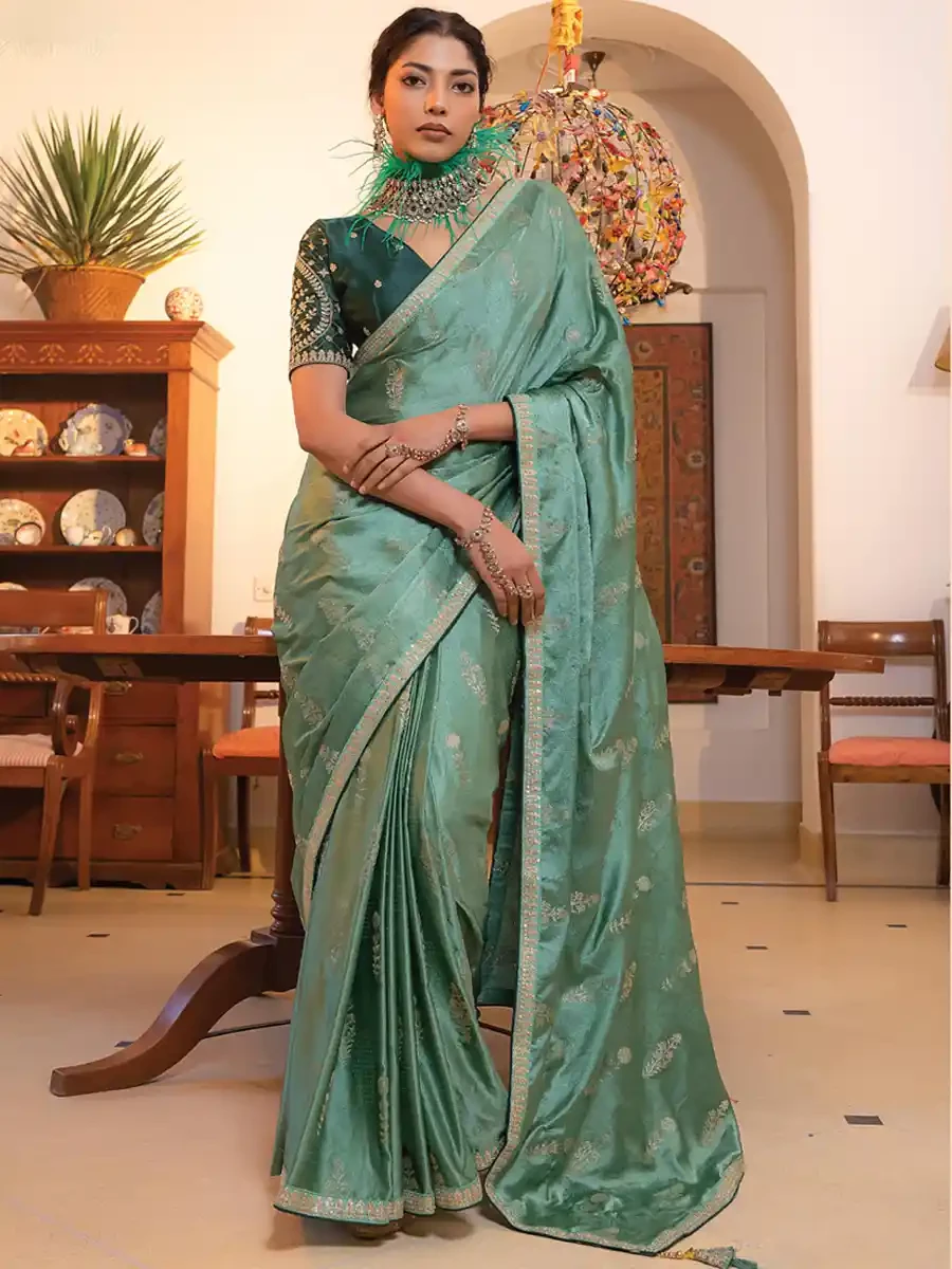 Mint Viscose Satin Silk Embroidered Reception Party Heavy Border Saree