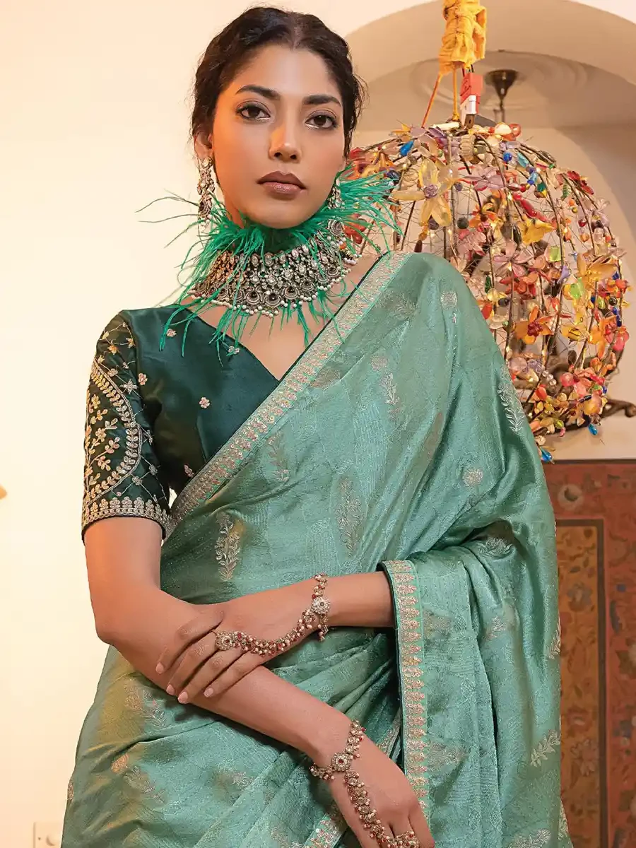 Mint Viscose Satin Silk Embroidered Reception Party Heavy Border Saree