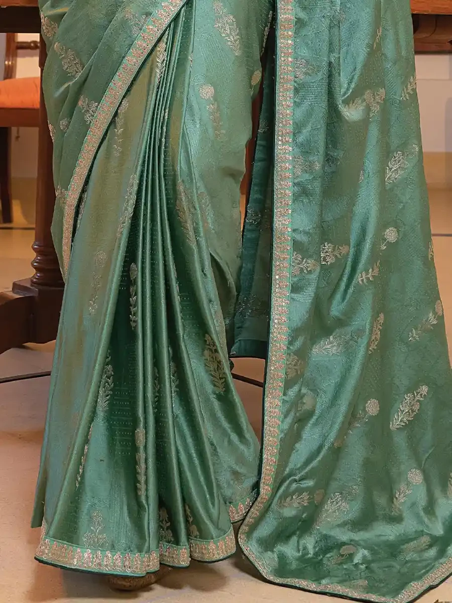 Mint Viscose Satin Silk Embroidered Reception Party Heavy Border Saree