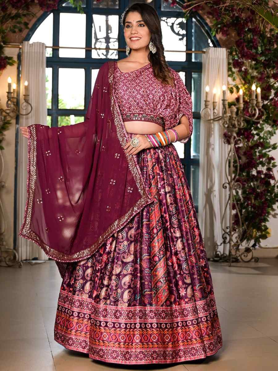 Mulberry Dull Satin Embroidered Festival Mehendi Traditional Lehenga Choli