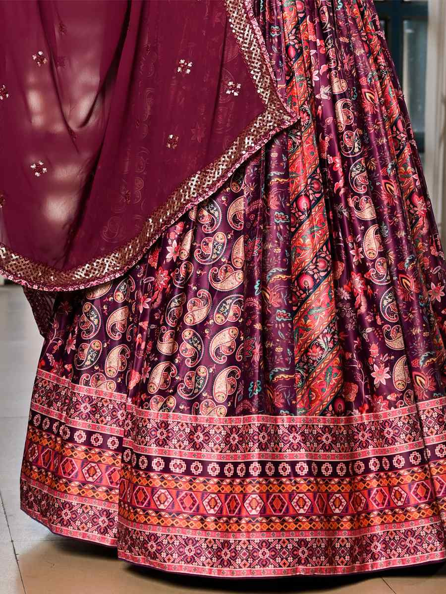 Mulberry Dull Satin Embroidered Festival Mehendi Traditional Lehenga Choli