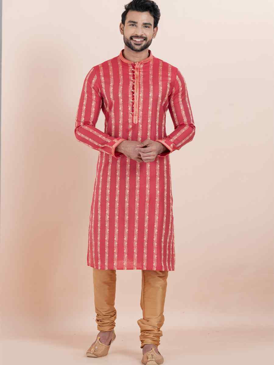 Multi  Cotton Silk Jacquard Embroidered Festival Wedding Kurta Pyjama Men's Wear