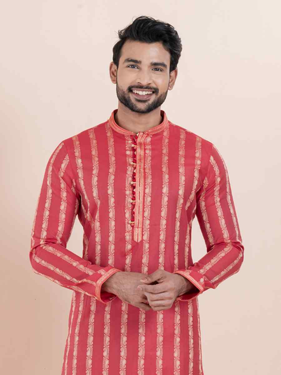 Multi  Cotton Silk Jacquard Embroidered Festival Wedding Kurta Pyjama Men's Wear