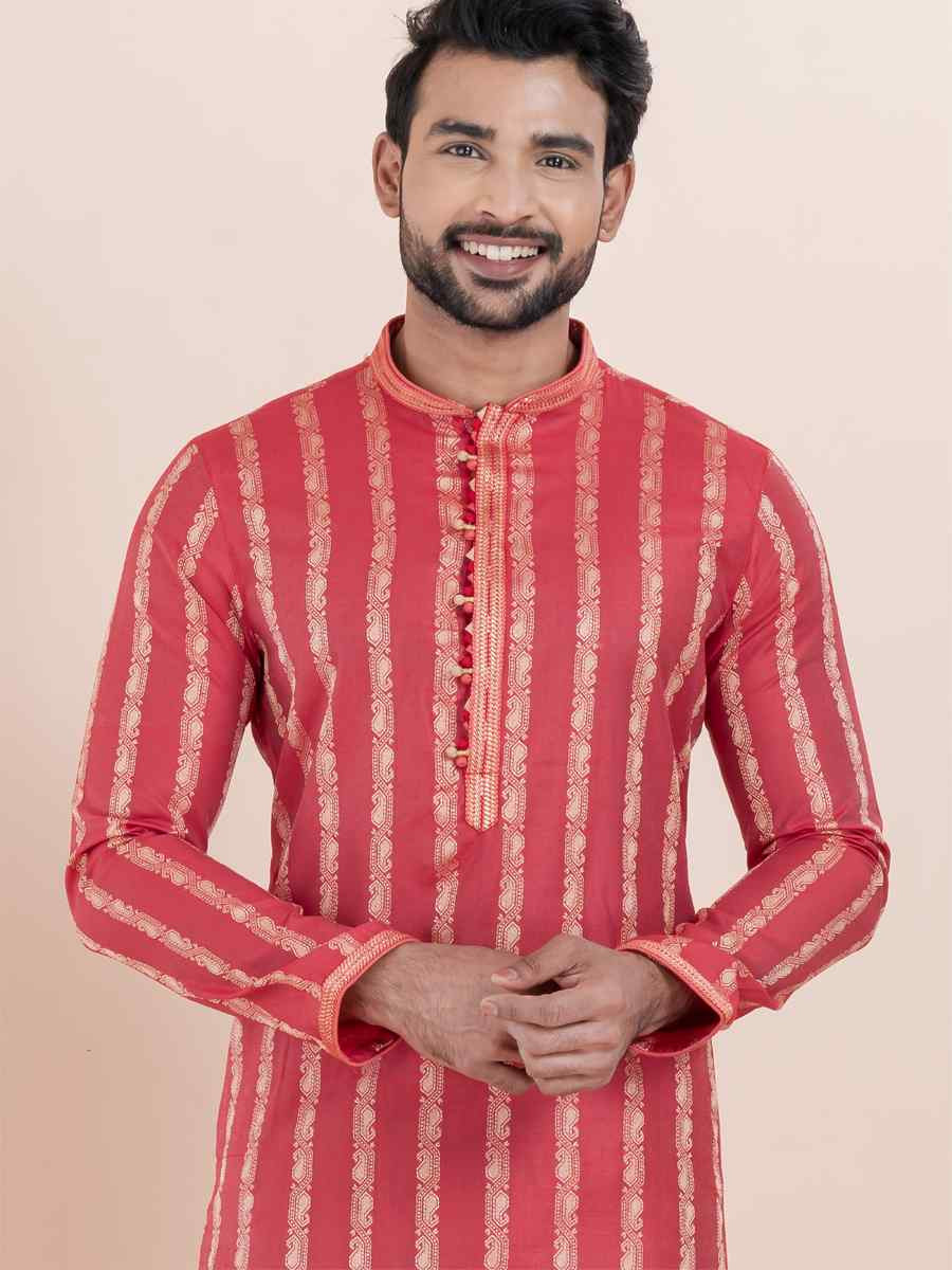 Multi  Cotton Silk Jacquard Embroidered Festival Wedding Kurta Pyjama Men's Wear