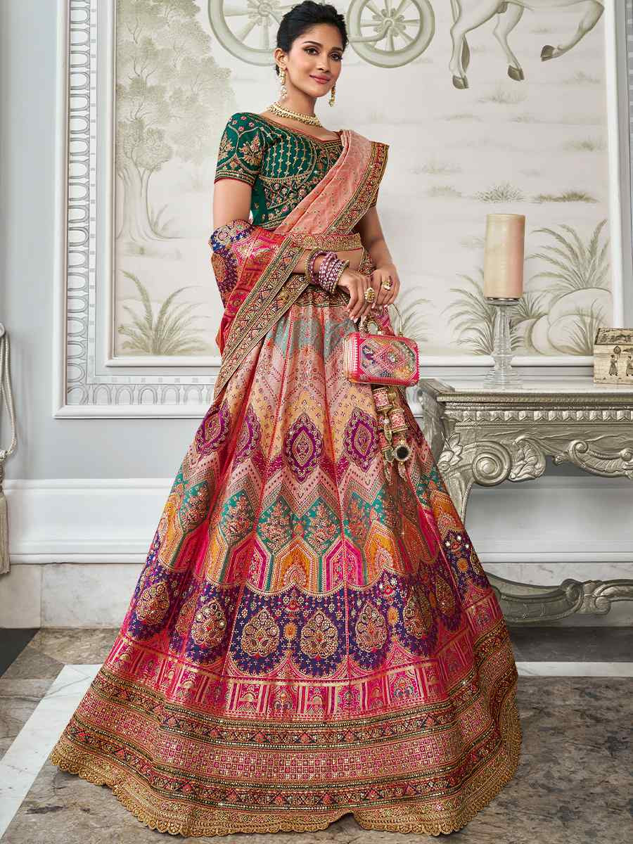 Multi Banarasi Silk Embroidered Bridal Wedding Heavy Border Lehenga Choli