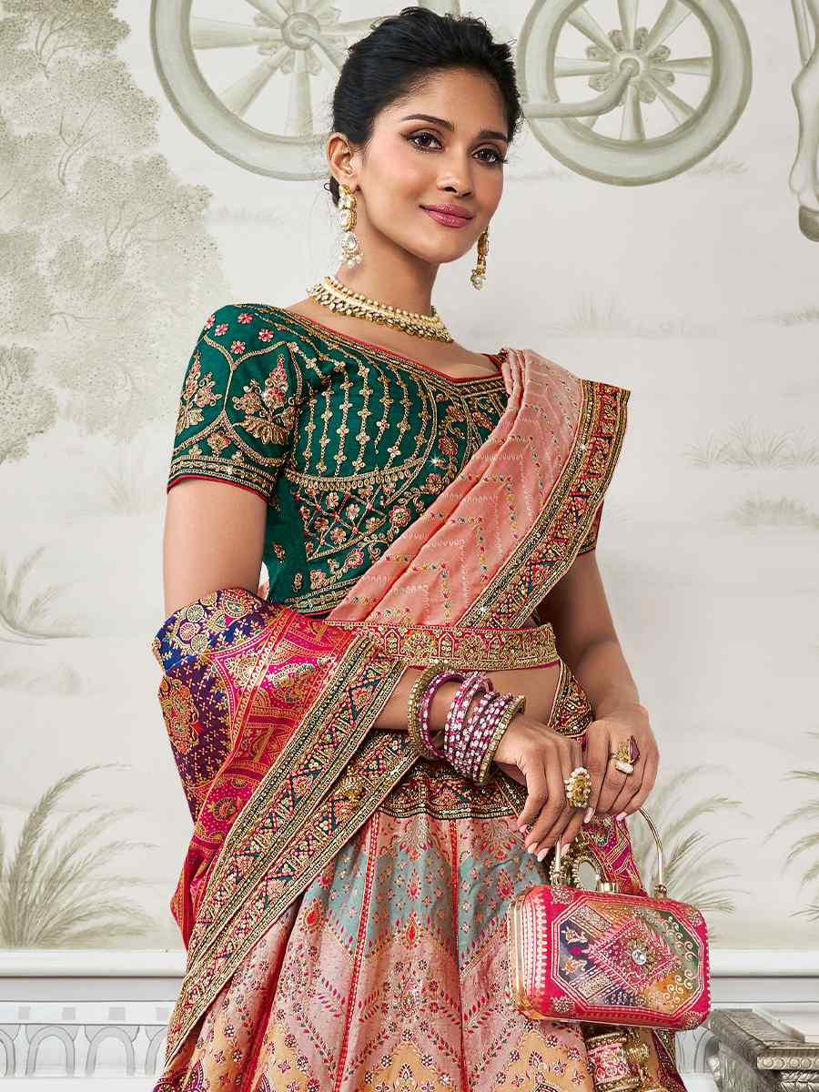 Multi Banarasi Silk Embroidered Bridal Wedding Heavy Border Lehenga Choli