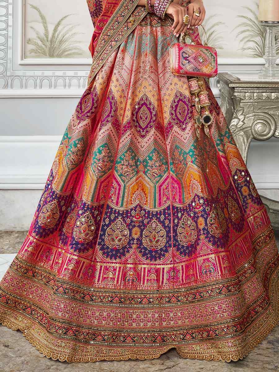 Multi Banarasi Silk Embroidered Bridal Wedding Heavy Border Lehenga Choli